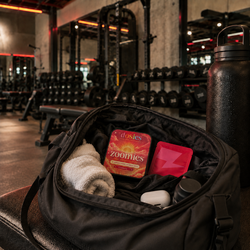 A black gym duffel bag sits open on a bench in a gym, showing its contents including a rolled towel, a box of dosies Zoomies, a red lightning-bolt box, and a white earbud case. A black water bottle is visible on the right, with weight machines in the blurred background.